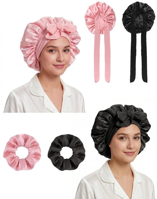 Set di capote da notte 2 pezzi - Cappuccio di cotone con scrunchies - Capote da notte regolabile - Trattamento capillare anti-pelo - Materiale soffice e respirante - Capote da notte per bambini