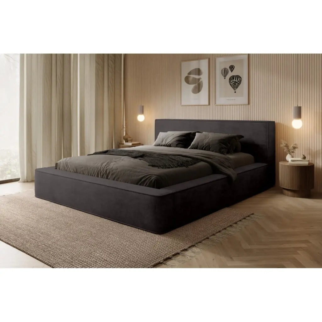 Letto contenitore VELORA – Grigio antracite – 180x200 cm – Tessuto velluto morbido – Rete sollevabile – Spazio di stoccaggio integrato