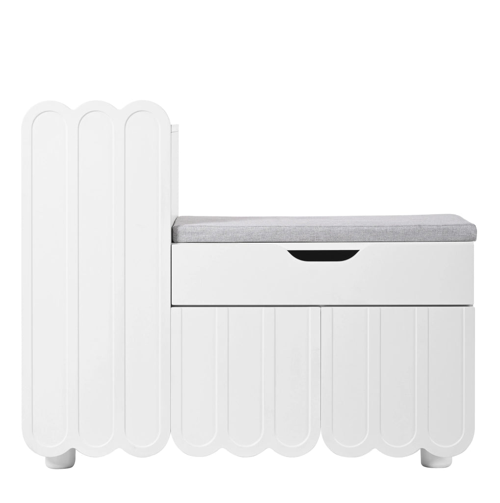 Scarpiera 90x35x74.5 cm con cassetto e seduta imbottita in MDF bianco