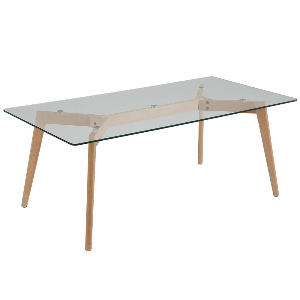 Tavolino da Caffè Piano in Vetro Trasparente Gambe in Legno Rettangolare Scandinavo Moderno
