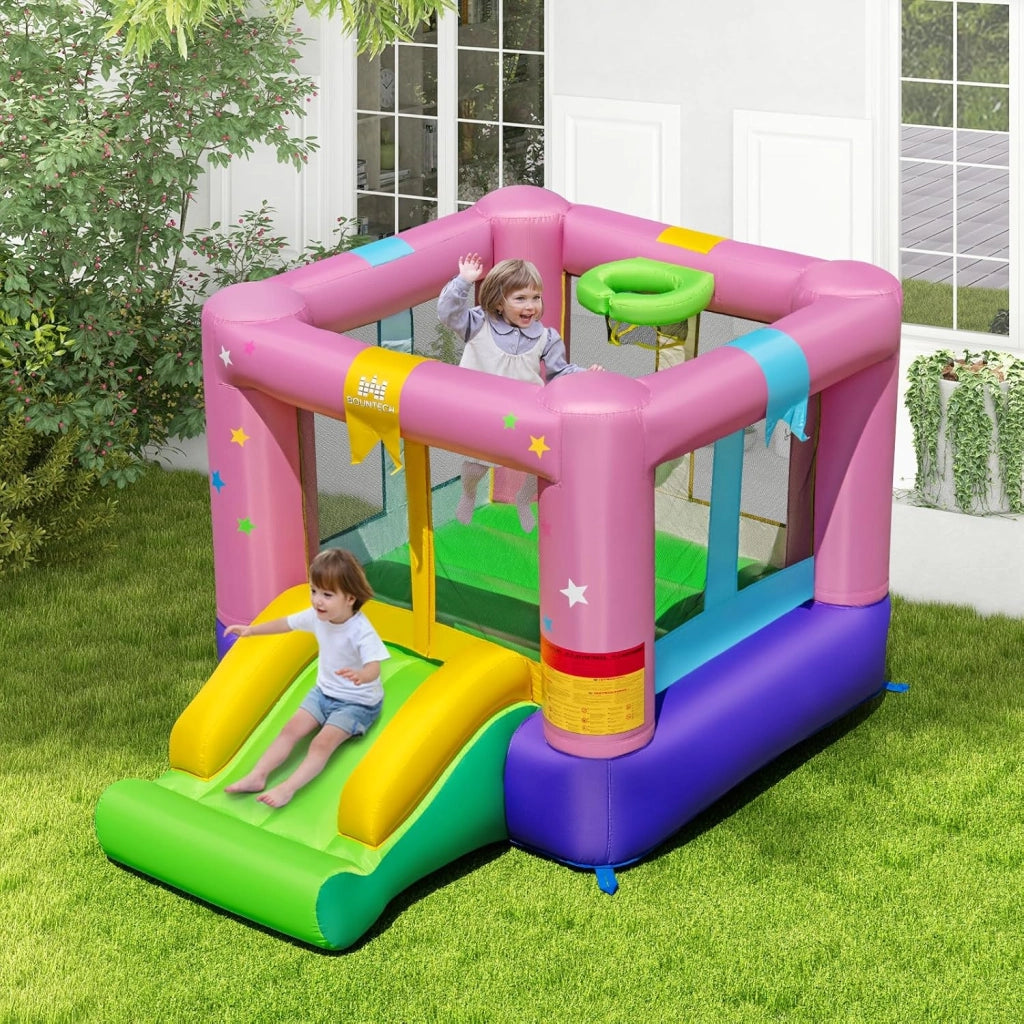 Castello Gonfiabile per Bambini, Castello con Trampolino, Scivolo e Canestro da Basket, Casa Gonfiabile Senza Ventilatore per Feste di Compleanno e Matrimonio, 240 x 174 x 143 cm