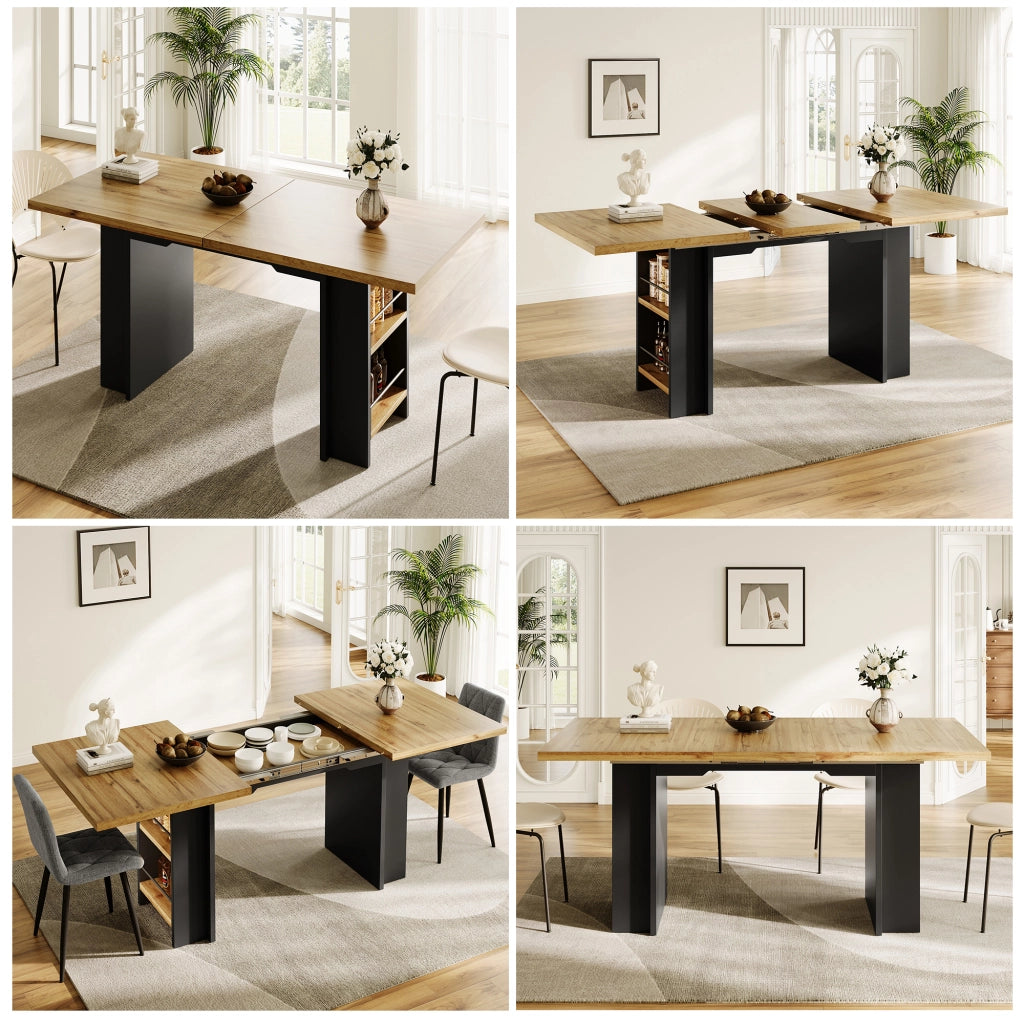 Tavolo da pranzo - telescopico 120-160x80 cm - con ripiani - legno naturale - per cucina e soggiorno