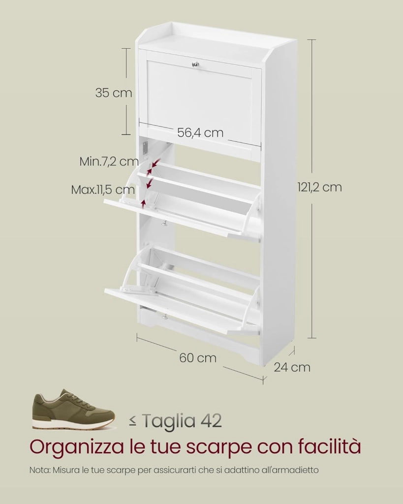 VASAGLE Scarpiera con 3 Scomparti a Ribalta, Scarpiera Salvaspazio, Divisori Regolabili, Portascarpe per fino a 12-20 Paia di Scarpe, Ingresso Corridoio, 24 x 60 x 121,2 cm, Bianco Nuvola LBC036WB01