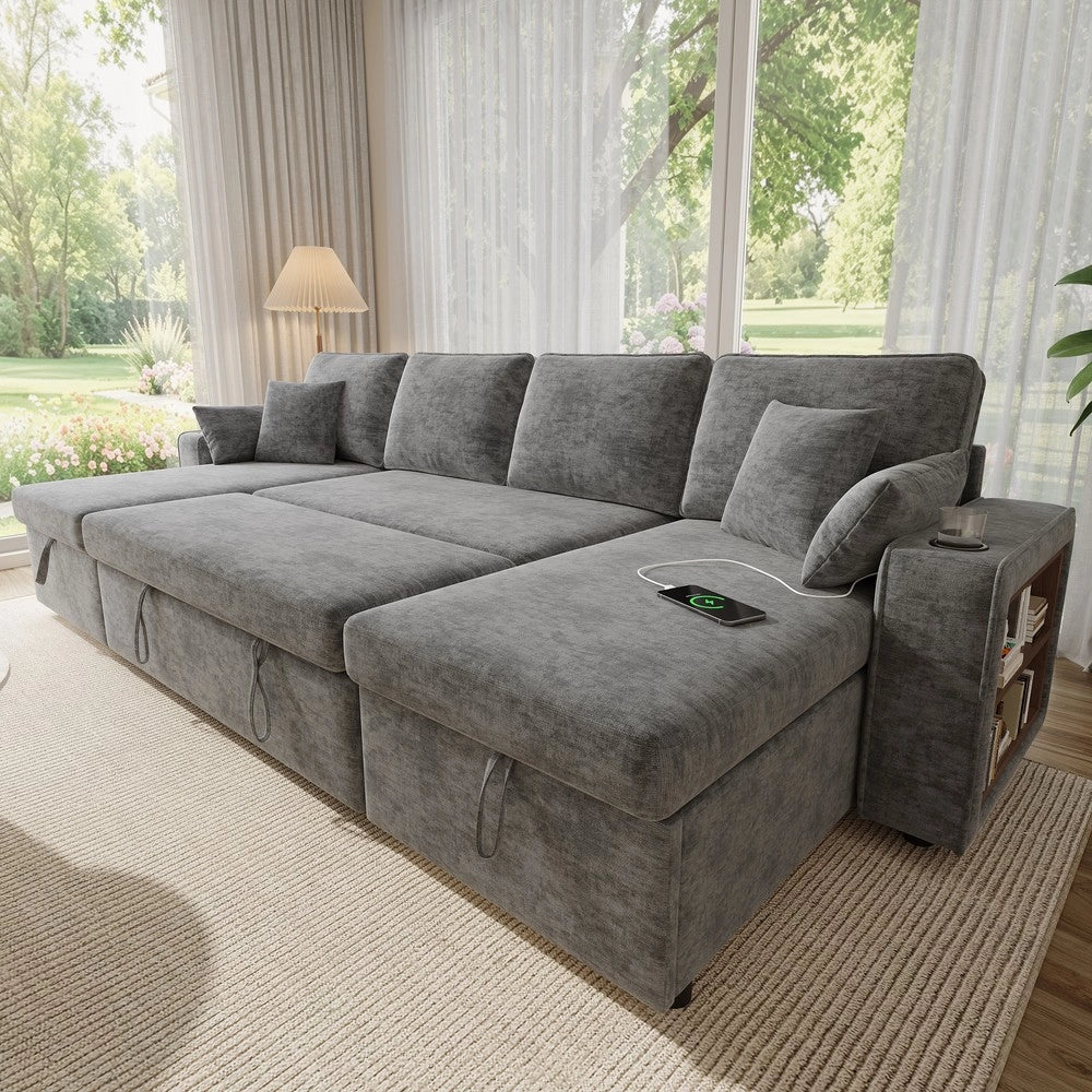 Divano Angolare a U con Funzione Letto, Contenitore, Dormeuse e USB ¨C Xylo ¨C Grigio