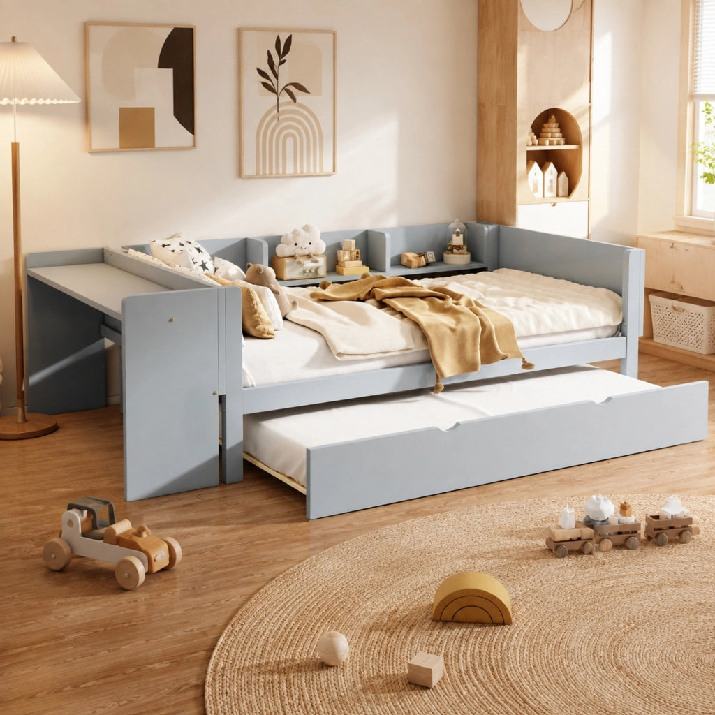 Letto singolo bambini 90x200 grigio con letto estraibile e scrivania