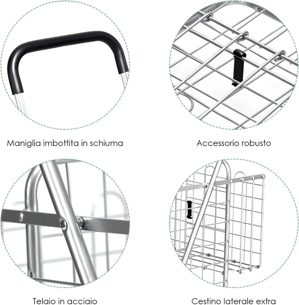 Carrello Portaspesa Pieghevole, Carrello Spesa con Ruote Girevoli a 360 °, Manico Regolabile, 2 Cesti, Capacità di Carico: 20 kg, 58L, 43 x 52 x 89-95 cm (Argento)