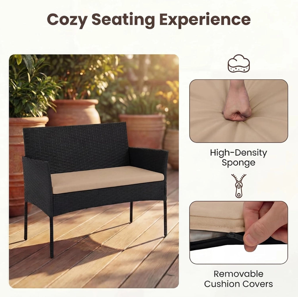 Salotto da Giardino Esterno 4 Pezzi, Set da Esterno in Rattan con Tavolino con Piano in Vetro, Divano 2 Posti e 2 Poltrone, Set da Conversazione con Cuscini per Patio, Balcone e Terrazzo (Tortora)