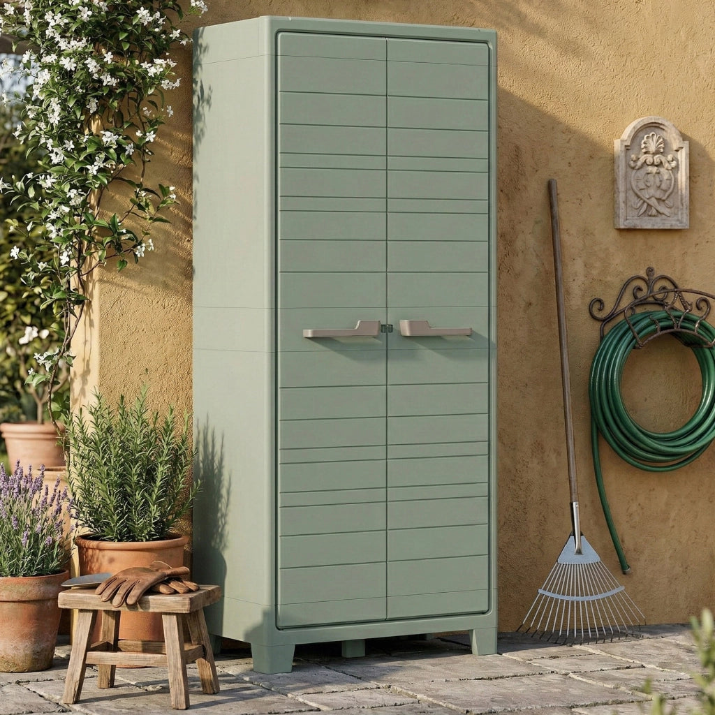 Armadio da esterno Quesnel, Mobile outdoor, Mobiletto giardino multiuso, Made in Italy, 80x44 h182 cm, Grigio e Verde