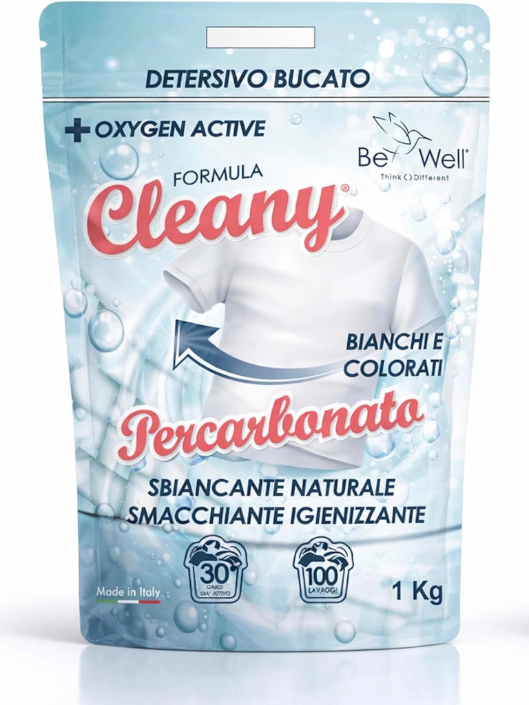 CLEANY Percarbonato di Sodio Puro per Bucato, Ossigeno Attivo, Smacchiatore ad Azione Sbiancante Igienizzante Naturale, Antimuffa, Bag Richiudibile 500g