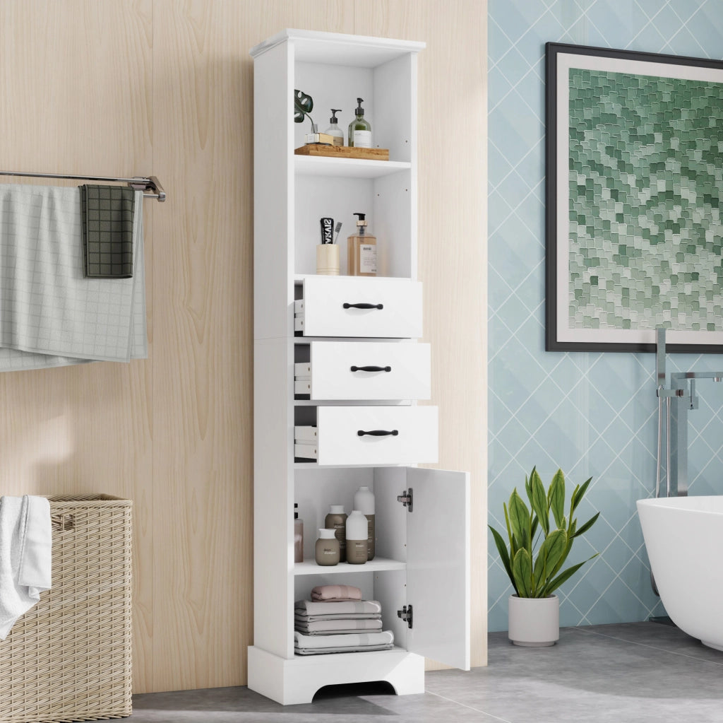 Colonna bagno in MDF bianca con 3 cassetti, 38x26x172,5 cm