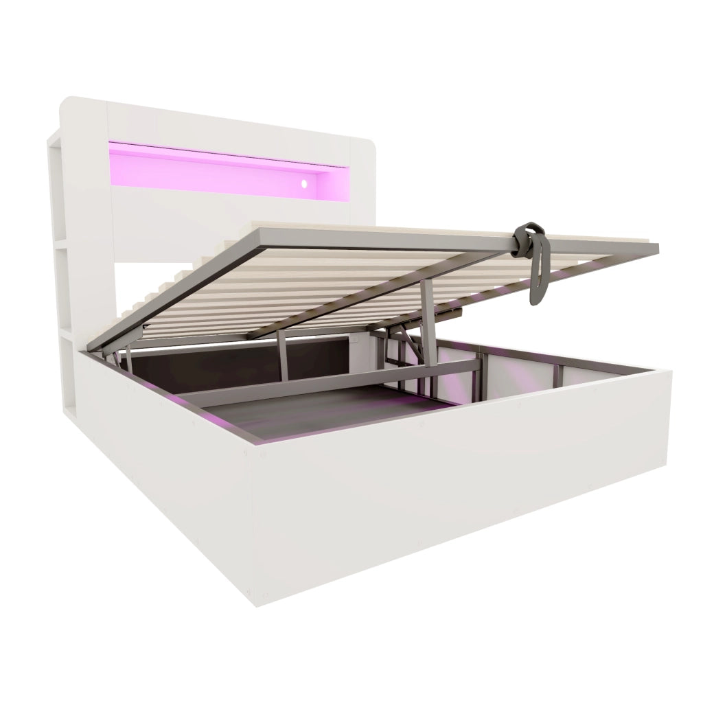 Letto contenitore matrimoniale 140×200 cm e 180×200 cm con LED; prese e ripiani; senza materasso; legno; bianco