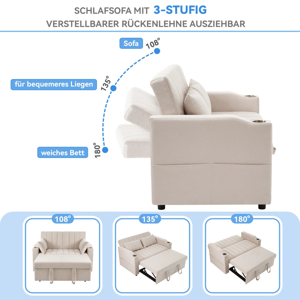 OKWISH Divano Letto 2 Posti, Schienale Regolabile con Portabicchieri e Tasche Laterali, Lino Cotone, Beige