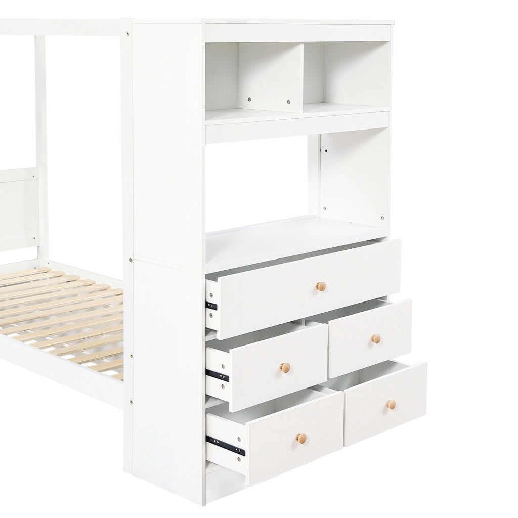 Letto con Sponda 90x200 cm; Letto Singolo - 5 Cassetti; Armadio Laterale e Scrivania - Bianco