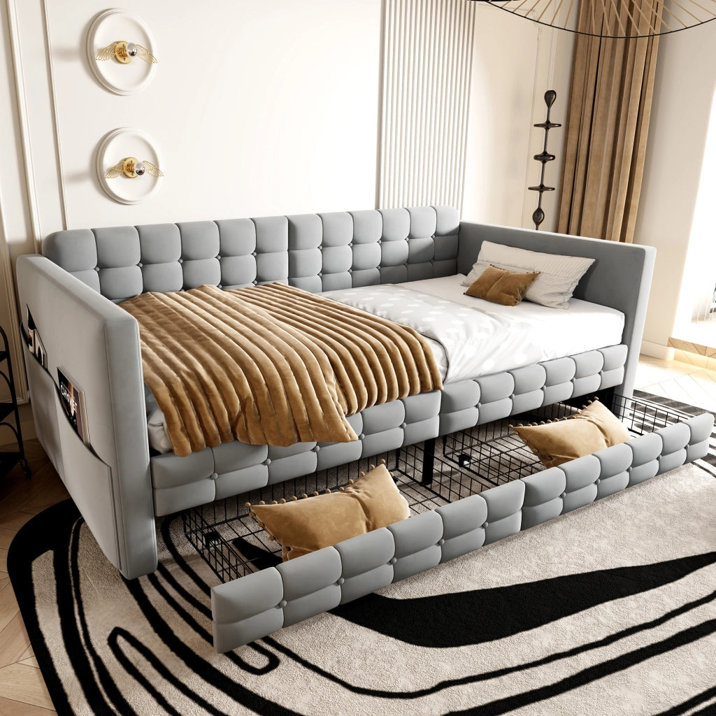 Letto imbottito 90x190 cm con testiera capitonn¨¦, 2 cassetti e tasche laterali, velluto grigio chiaro