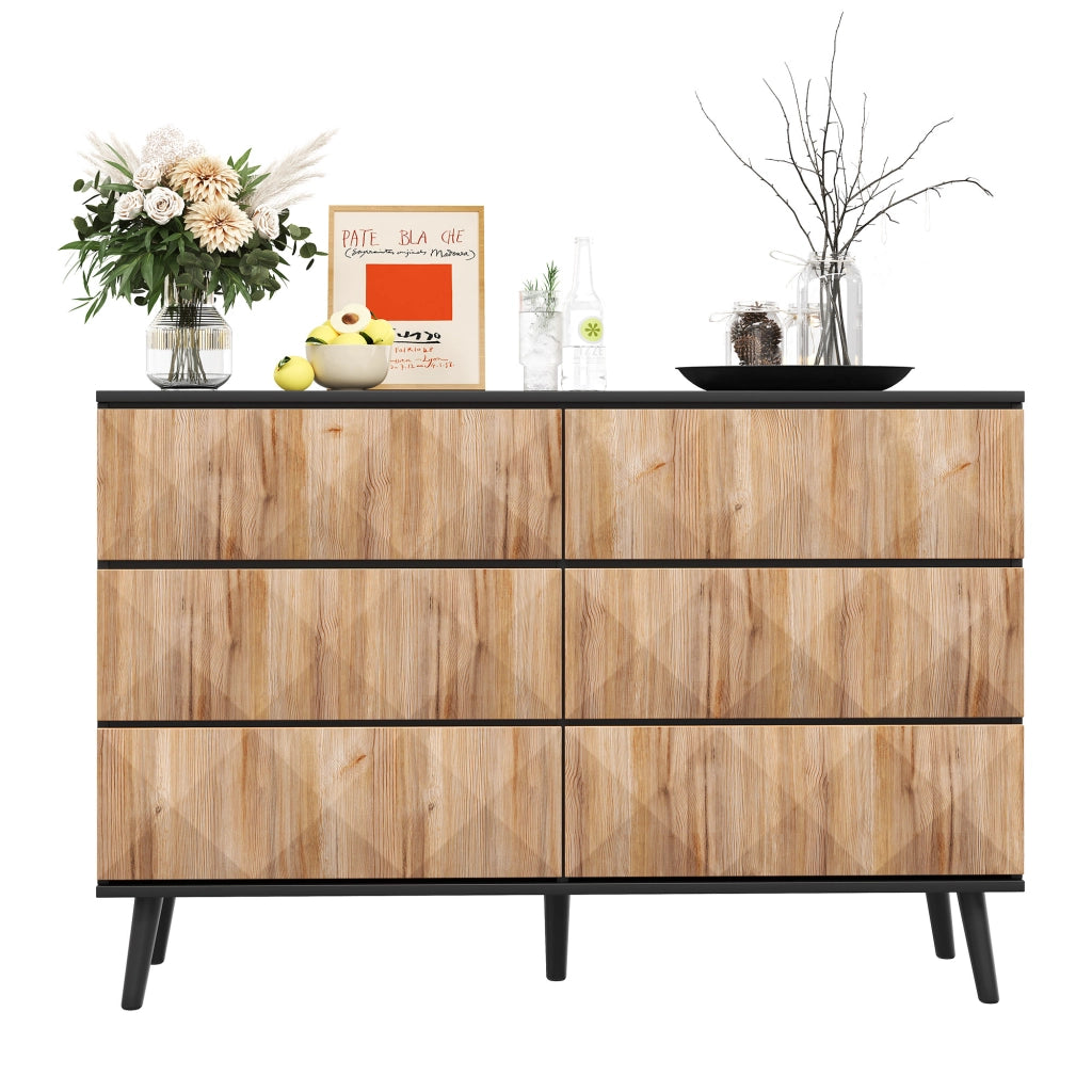 Credenza con 6 Cassetti; Frontali in Rilievo e Maniglie a Scomparsa; Stile Moderno; in MDF; Nero e Naturale; 120??40??85 cm