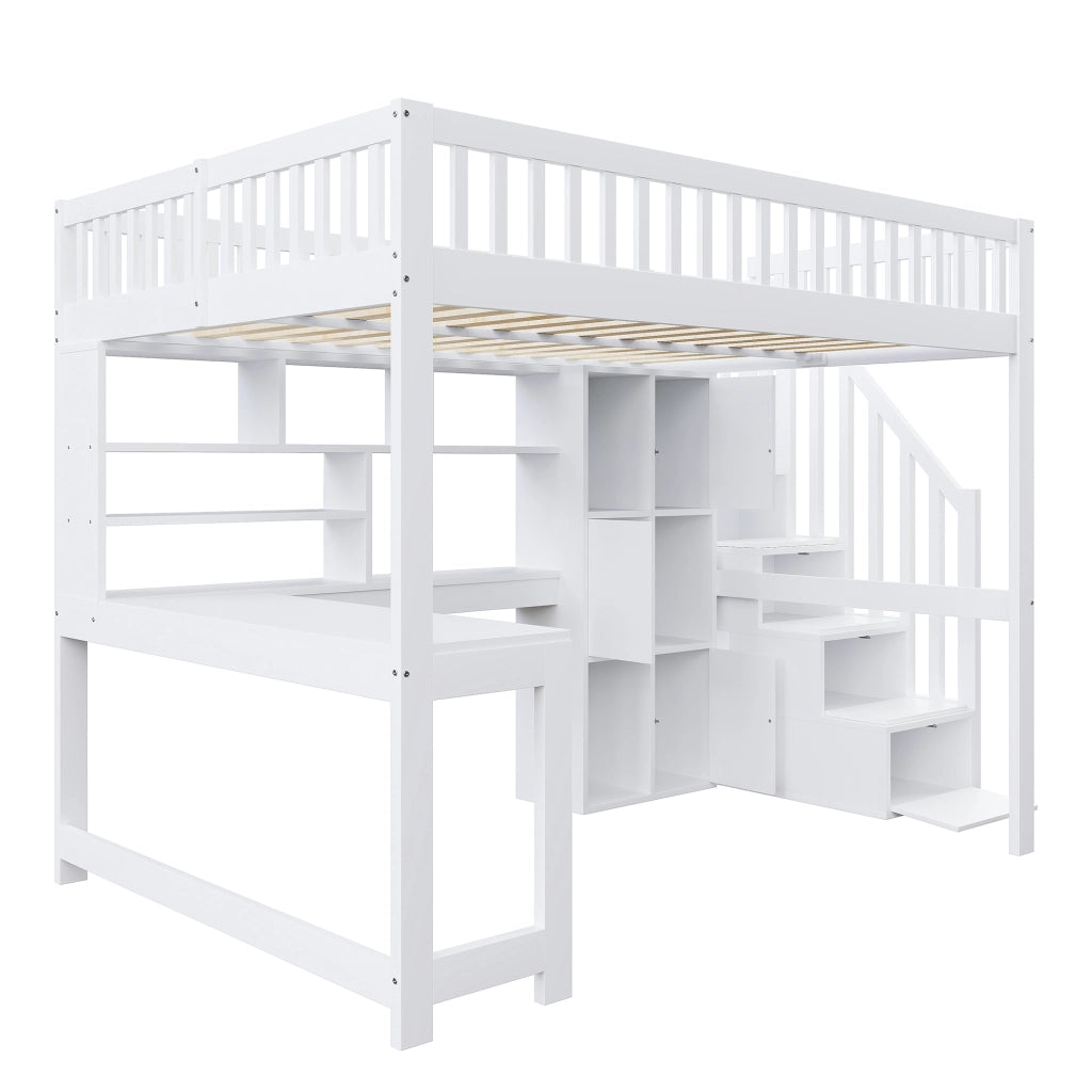 OKWISH Letto a Soppalco 140×200 cm, Letto Matrimoniale con LED, Scala con Contenitore, Mensole e Scrivania, senza Materasso, Bianco