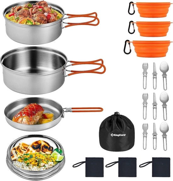 Set da Cucina per Campeggio 2-3 Persone I Cottura in Acciaio Inossidabile per Campeggio I Pentole da Campeggio con Forchette e Coltelli Pieghevoli I Set di Padelle Leggere per Campeggio per Cottura su Stufa da Campeggio