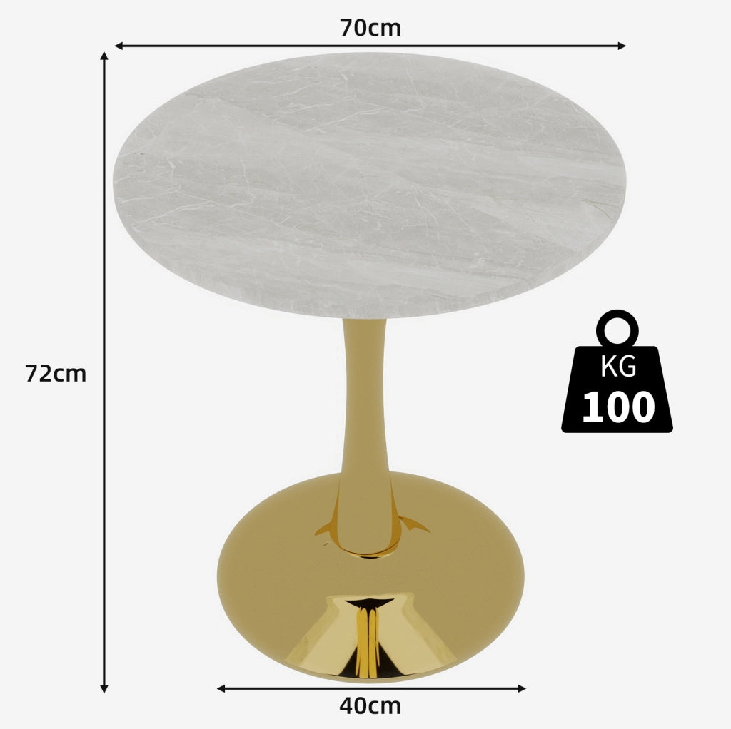 Tavolino rotondo; design minimalista e versatile in marmo artificiale; dorato e bianco