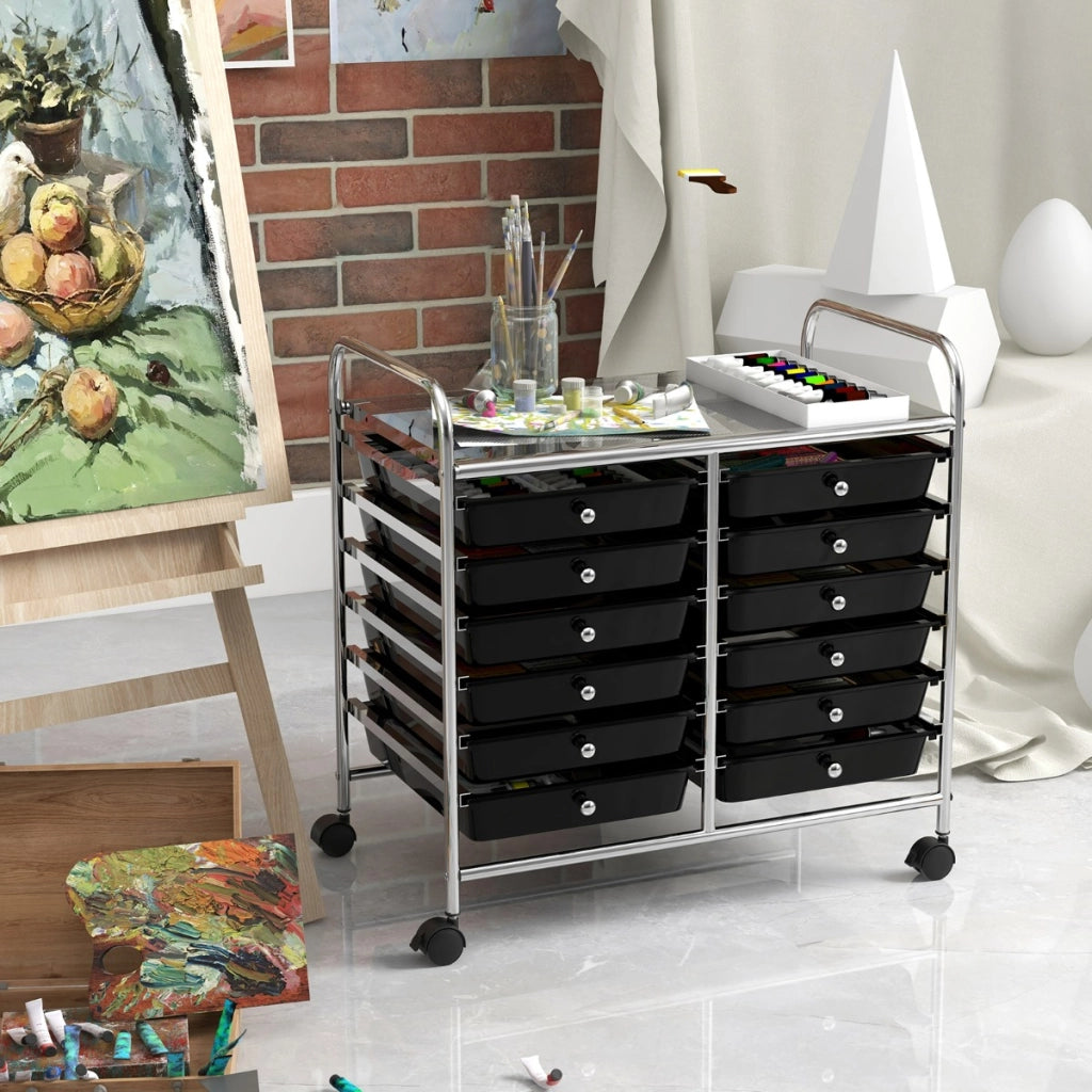 Carrello portaoggetti con 12 cassetti e ampio piano di lavoro, Cassettiera con 4 ruote per soggiorno e cucina Nero-Carrelli