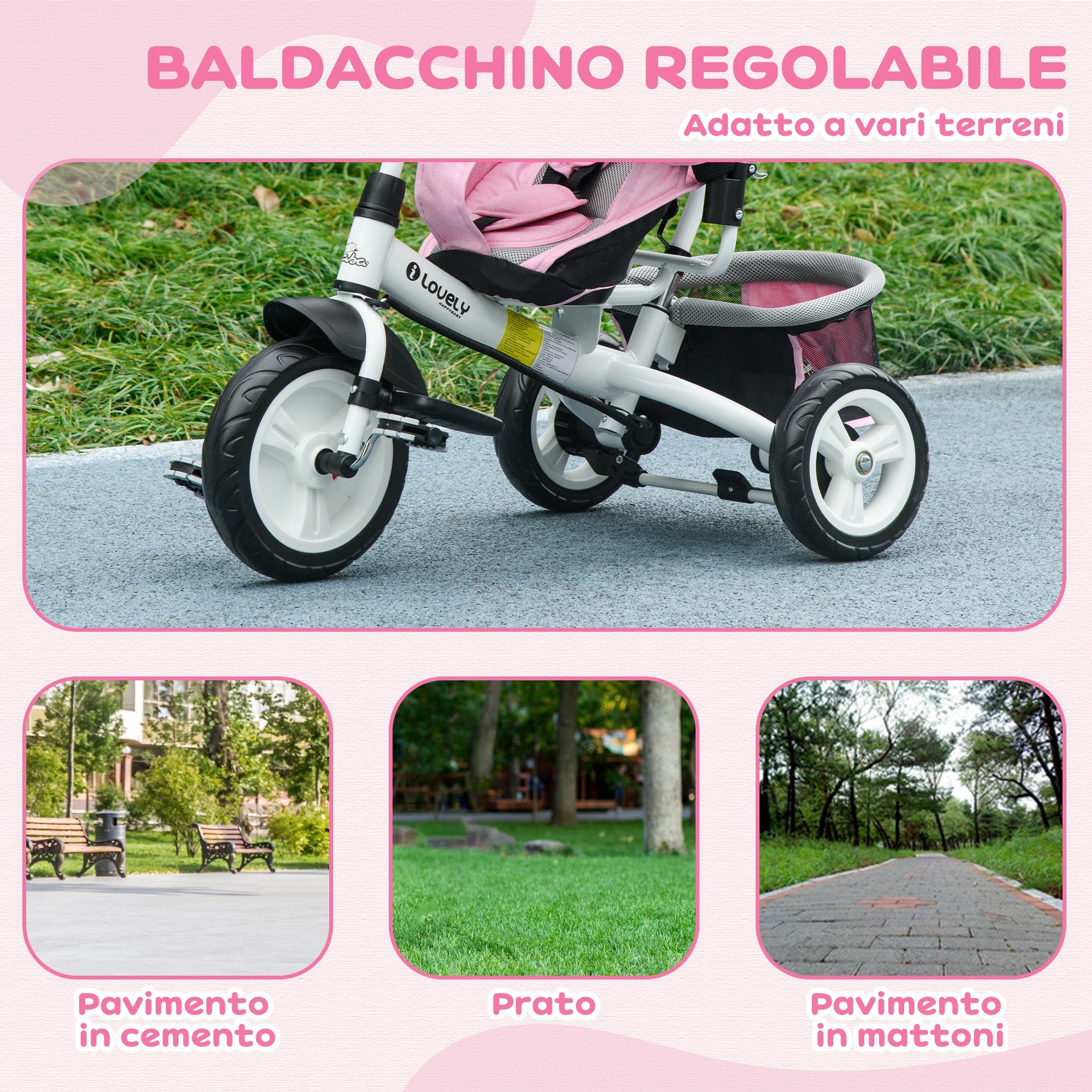 Triciclo per Bambini 1-5 Anni 102x49x102 cm con Maniglione e Tettuccio Regolabile Bianco e Rosa