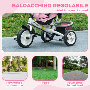 Triciclo per Bambini 1-5 Anni 102x49x102 cm con Maniglione e Tettuccio Regolabile Bianco e Rosa