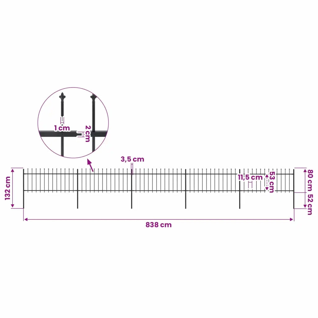 Recinzione da Giardino con Punta a Lancia in Acciaio 838x80 cm Nero 277606