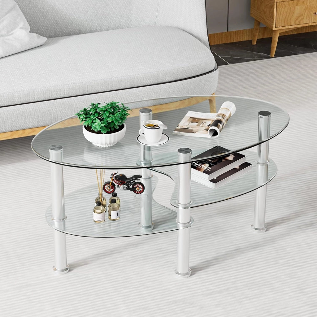 Tavolino da Divano, a 3 Ripiani in Vetro Temperato, Struttura in Metallo, Design Moderno, Trasparente, Ideale per Soggiorno e Ufficio, Portata di 50 kg, 90x50x45 cm (Bianco)