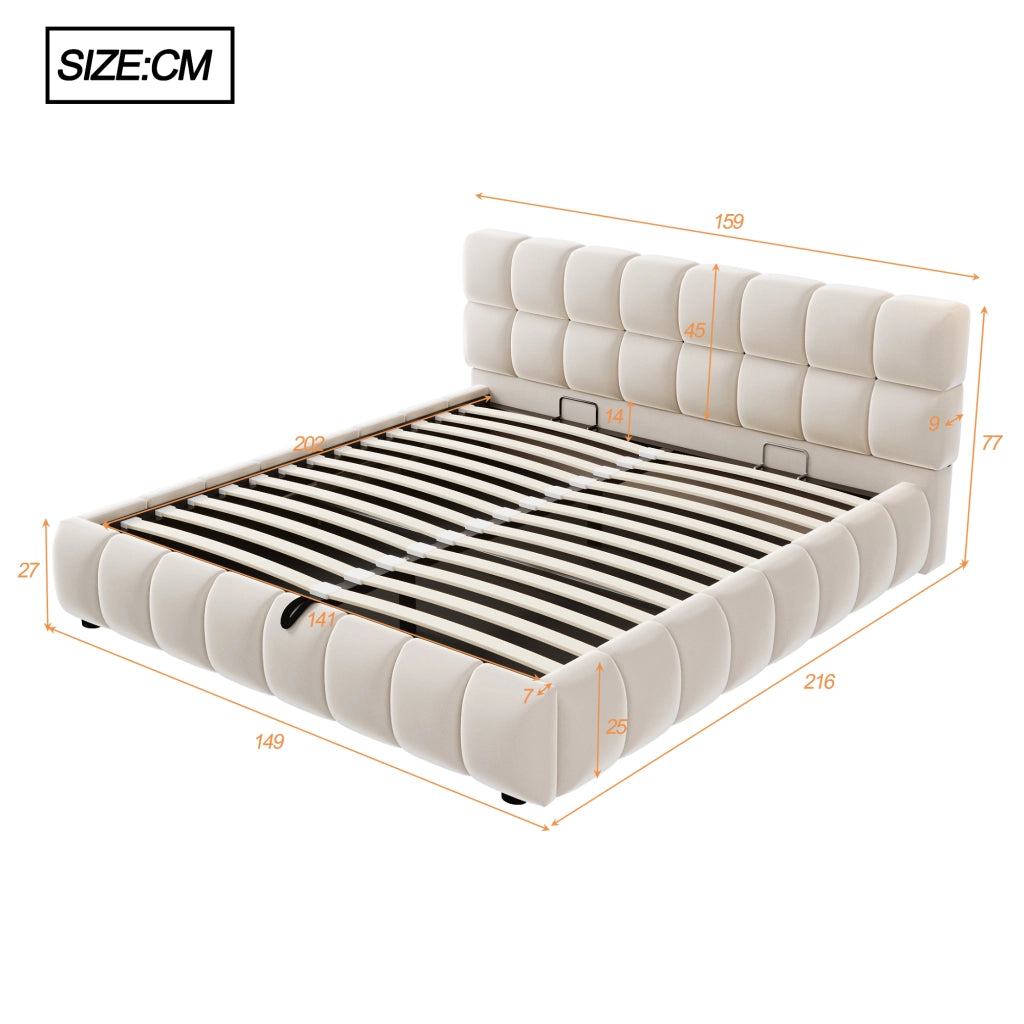 Letto Contenitore 140 x 200 cm; testiera imbottita; contenitore idraulico in Velluto Beige