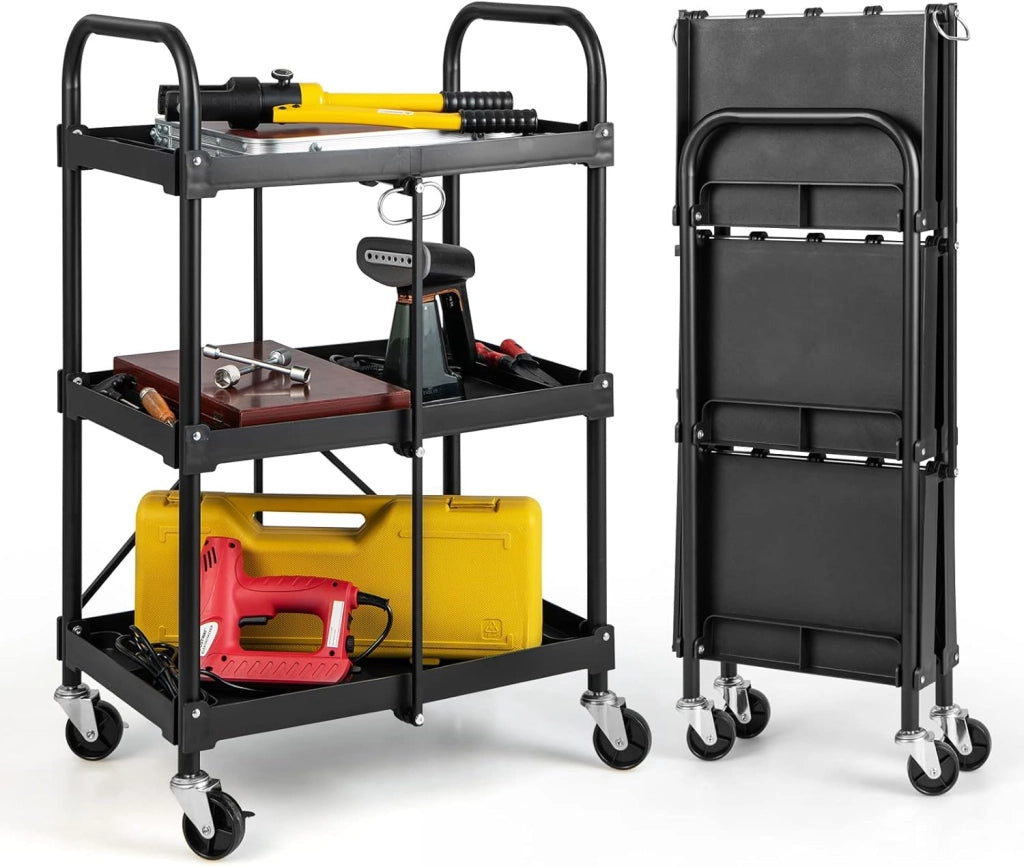 Carrello Pighevole a 3 Livelli, Carrello Multiuso con 4 Ruote, Organizzatore di Stoccaggio per Ufficio Cucina Studio, 61x44x96 cm, Nero