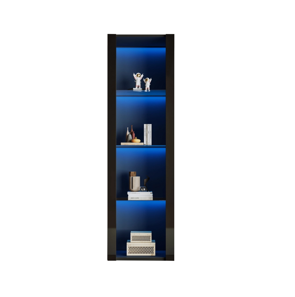 Vetrina nera lucida con LED, 3 ripiani in vetro, 55x38x166 cm