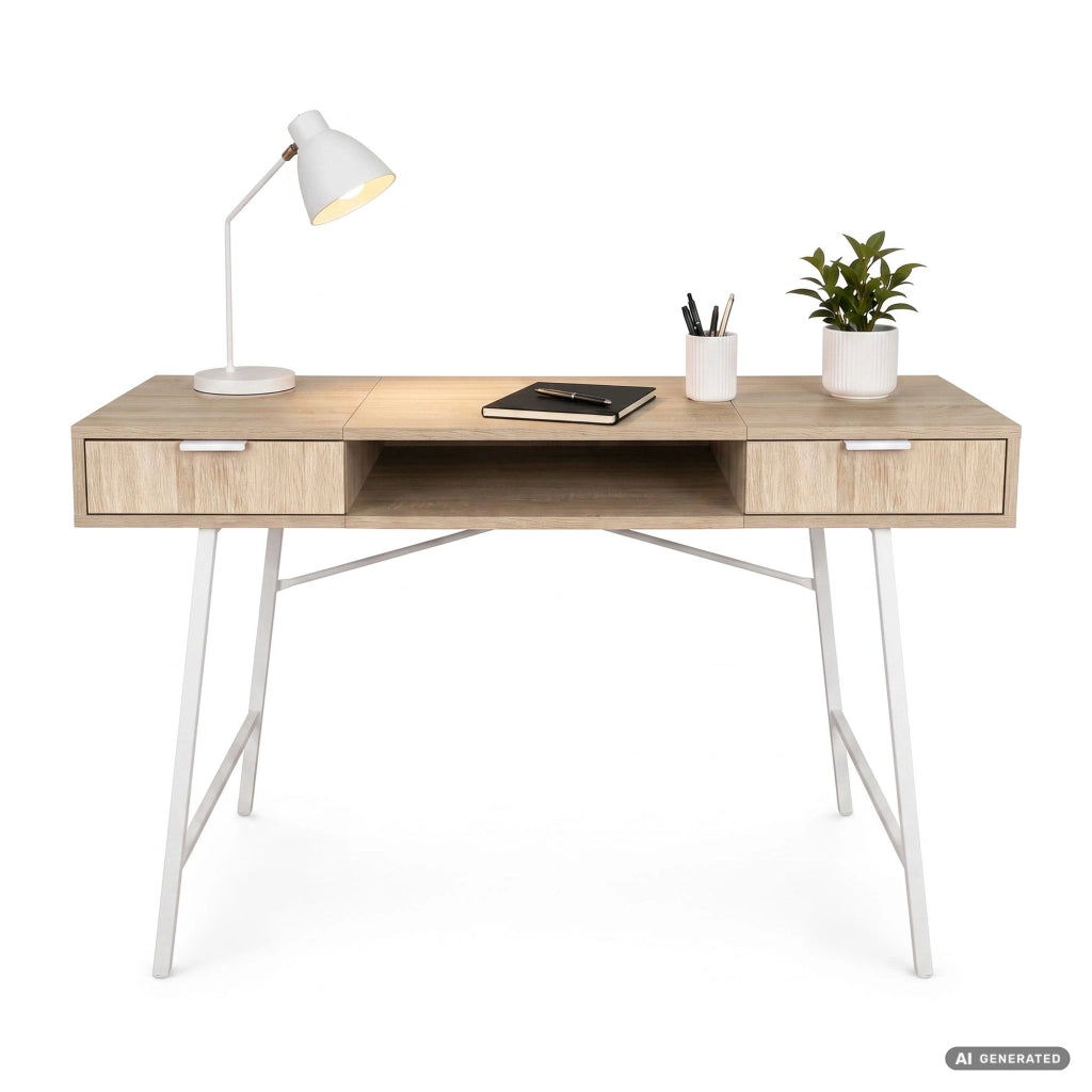 Scrivania industriale per computer Rovere Sonoma ARDEN 120 cm 2 cassetti 1 ripiano gambe bianche