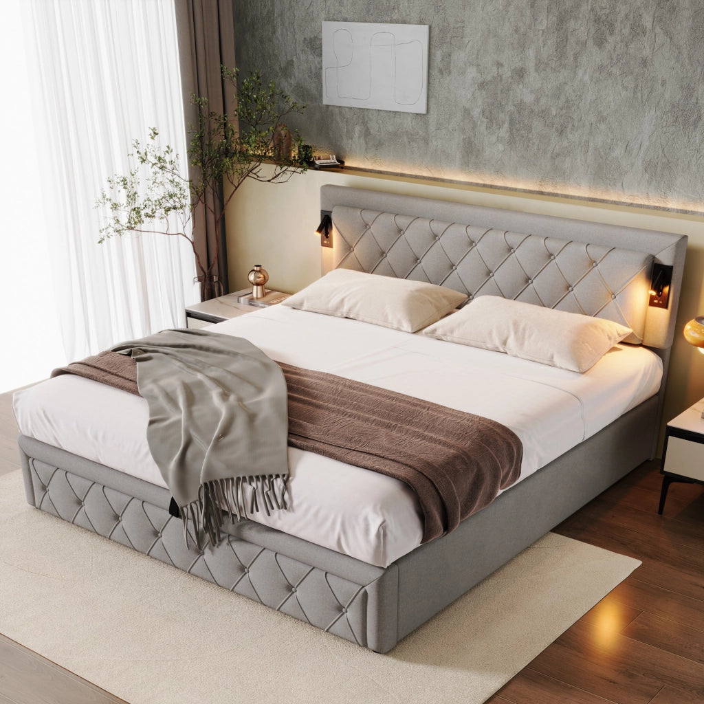 OKWISH Letto Contenitore 180×200 cm, Letto Matrimoniale con USB, Lampade da Lettura e Contenitore, senza Materasso, in Lino, Grigio