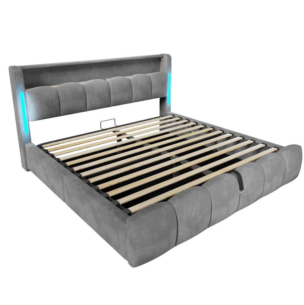 Letto imbottito 180x200 cm in velluto grigio con LED; vano contenitore e porte USB/Type-C