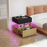 Comodino con ricarica wireless, LED e 2 cassetti per camera da letto, nero e naturale 50 × 40 × 50 cm