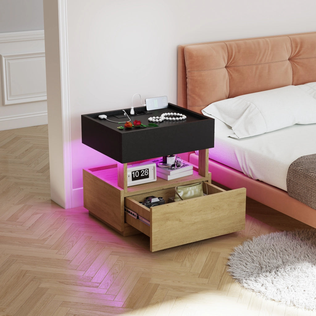 Comodino con ricarica wireless, LED e 2 cassetti per camera da letto, nero e naturale 50 × 40 × 50 cm