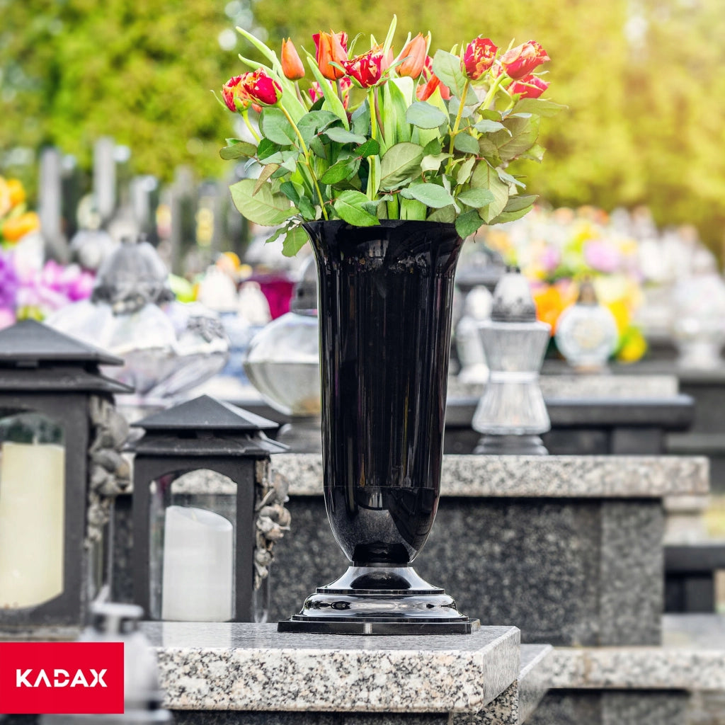 Vaso/bottiglia KADAX per cimitero, tomba, lapide, in plastica nera, 29 cm, resistente al gelo.