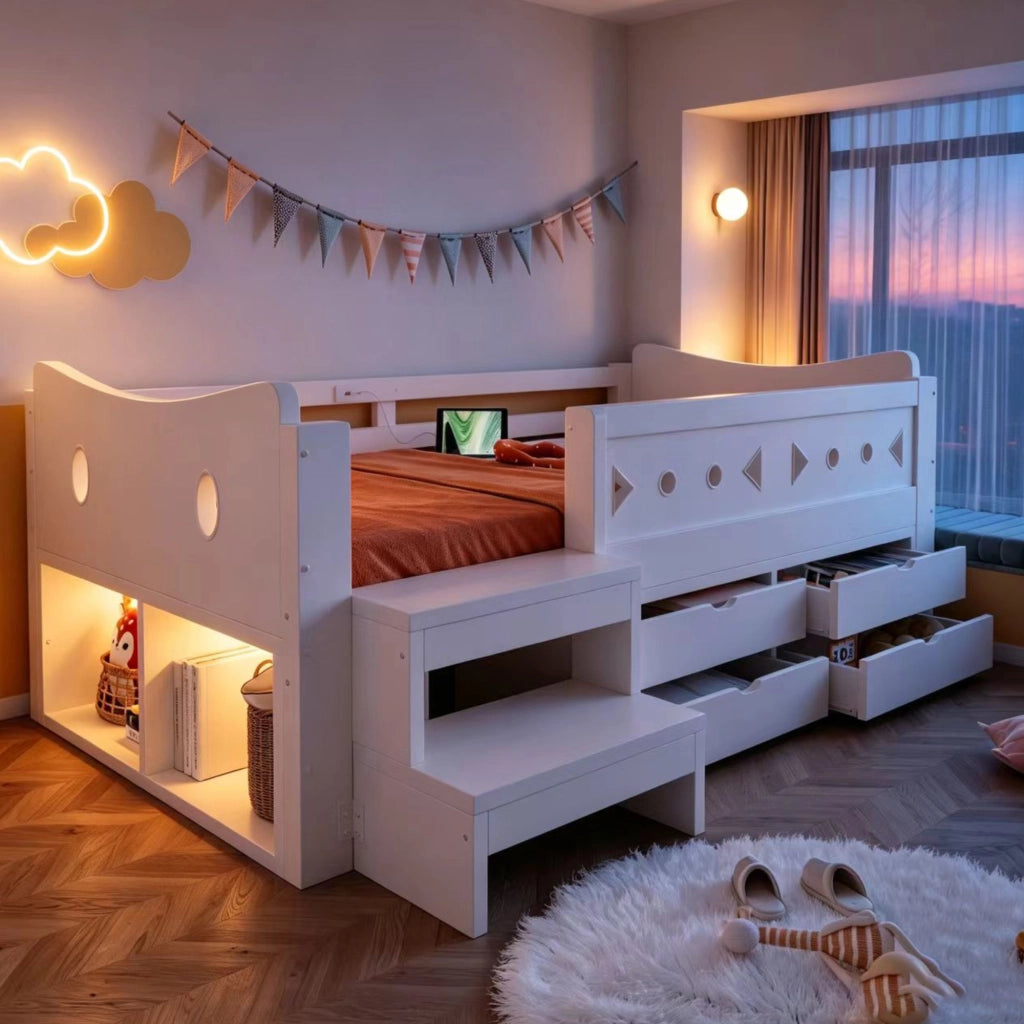 Letto singolo per bambini 90x200 cm con cassetti; testiera portaoggetti; sponda; LED; USB e USB-C; legno bianco