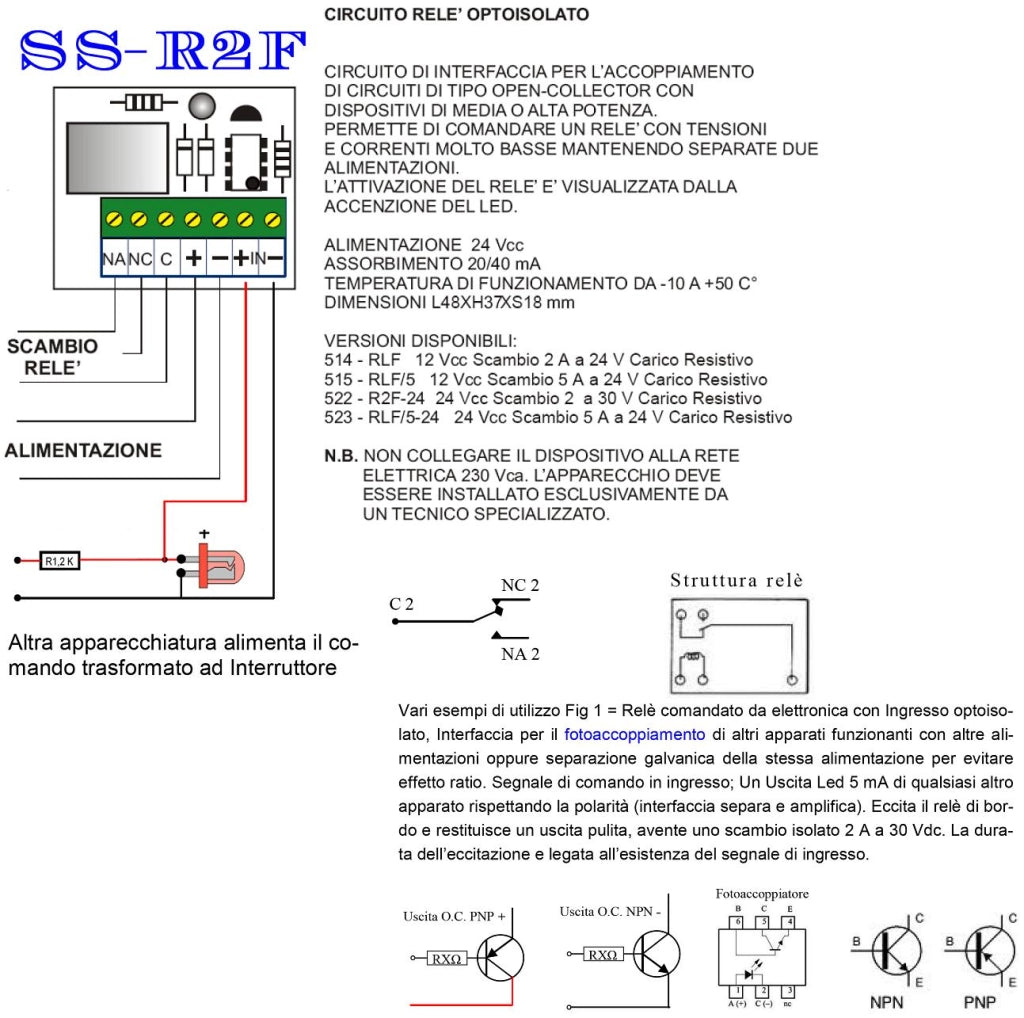 Relè 24 V Optoisolato Interfaccia Tra Circuiti Separati Con Uscita Led 5 mA Scambio 2 A a 30 V Carico Resistivo Led Segnala Attività Disaccoppia Evita Effetto Ratio e Fornisce Uscita Contatto Libero