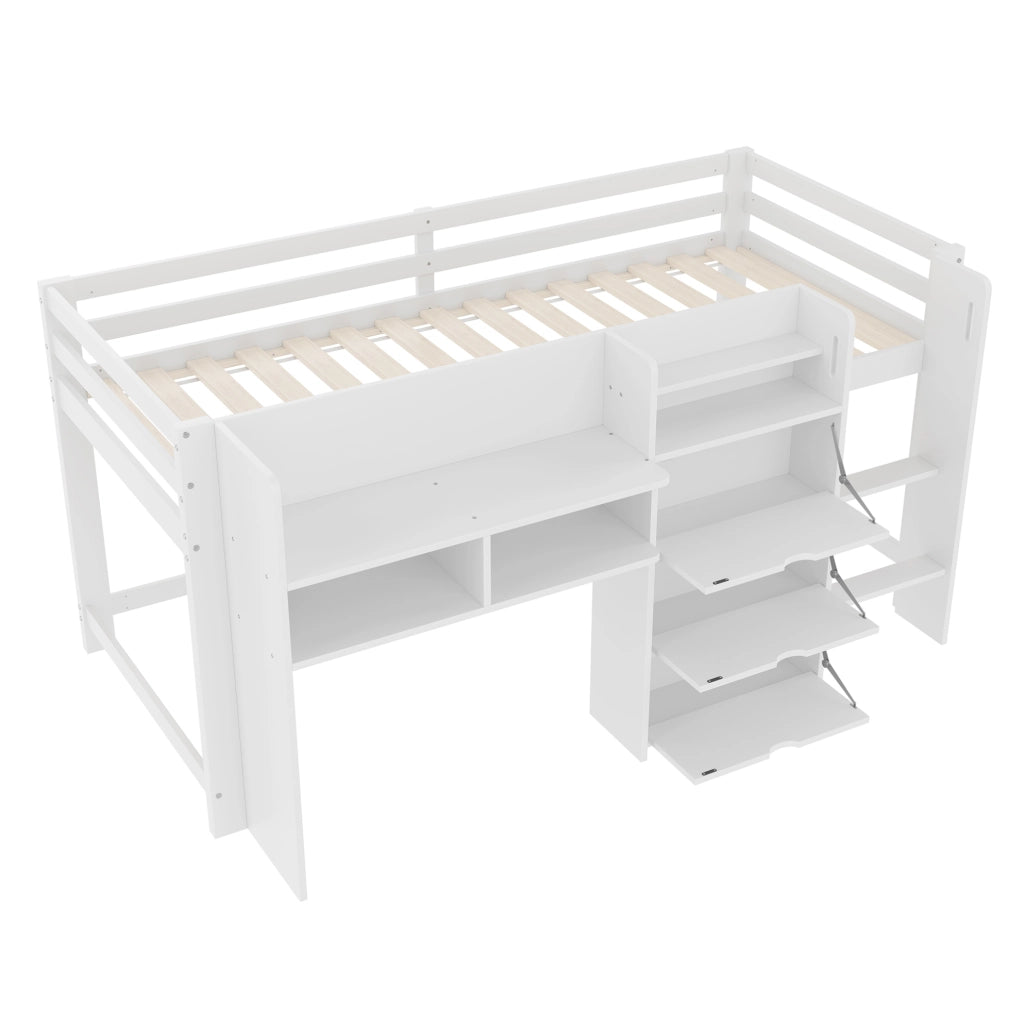 Letto a soppalco 90x200 cm con spazio contenitore in pino bianco