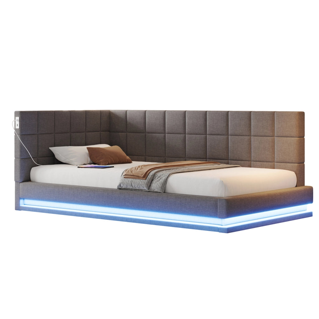 Divano letto imbottito 90x200 con LED; USB; rete a doghe; lino grigio