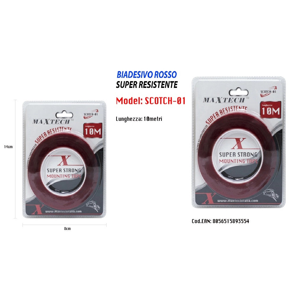 Trade Shop - Nastro Biadesivo Rosso Super Resistente Adesivo 10mt Fissaggio Maxtech -