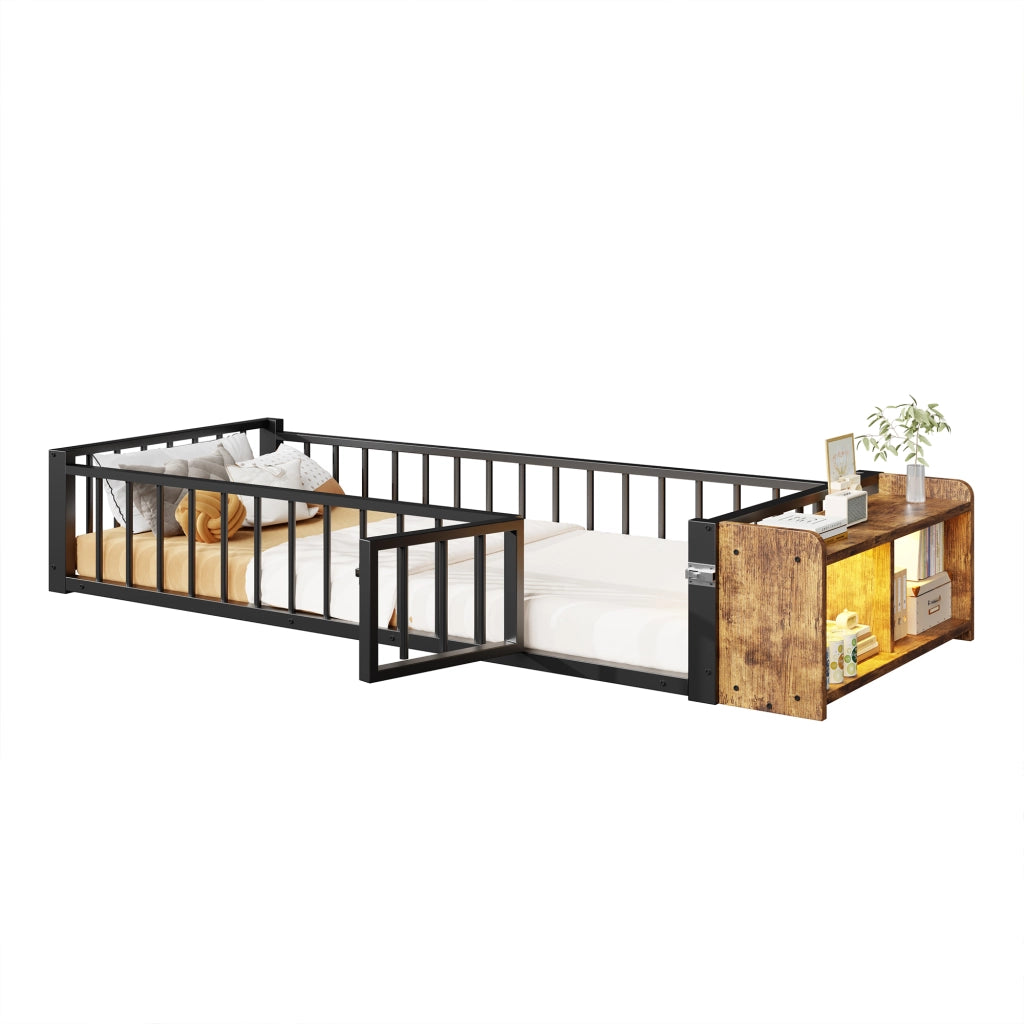 Letto in metallo con cassetti LED 90x200 MDF nero e metallo