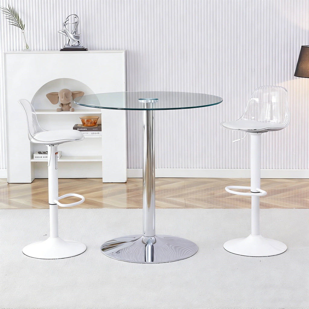 Tavolo da pranzo rotondo in vetro trasparente con 2 sgabelli regolabili, per cucina e bar, diametro 89 cm