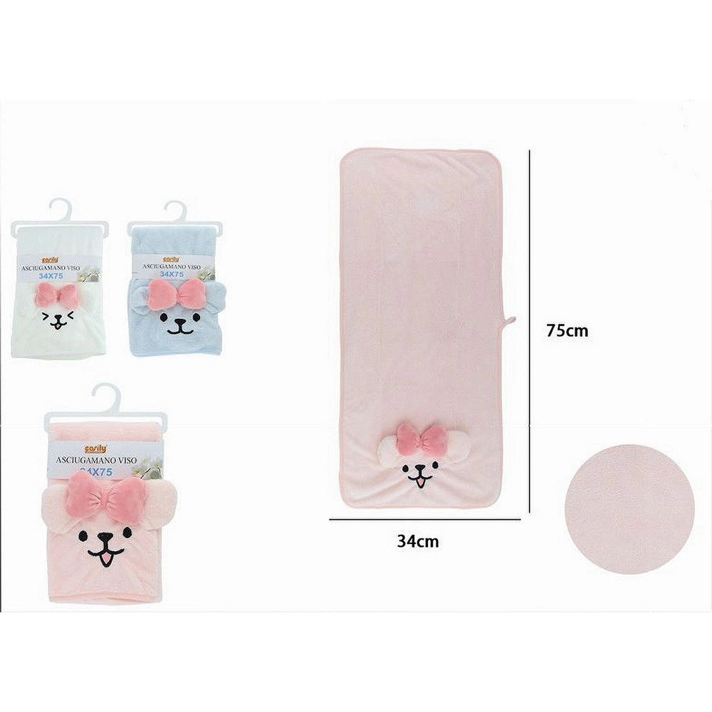 Trade Shop - Asciugamano Viso 34 X 75cm Tessuto Morbido Cagnolina Fiocco Bagno 3 Colori 10741 -