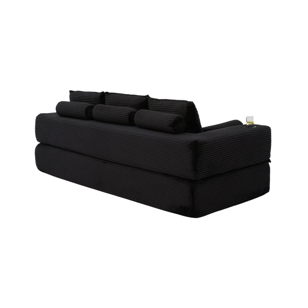Divano letto ULEVR 232x98 cm in velluto a coste nero con portabevande, tasche laterali e cuscini memory