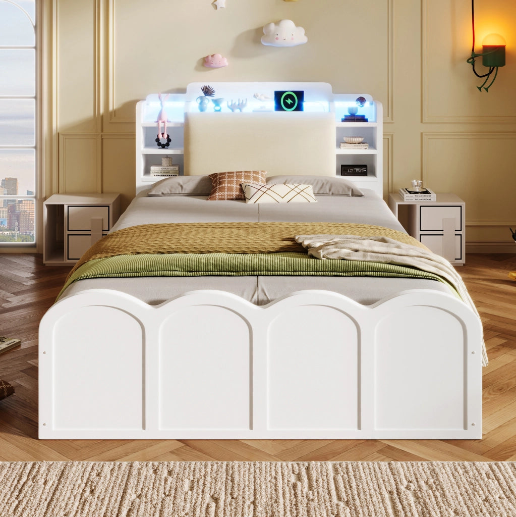 Letto singolo contenitore 90x200 cm in legno di pino bianco con LED; USB e USB-C