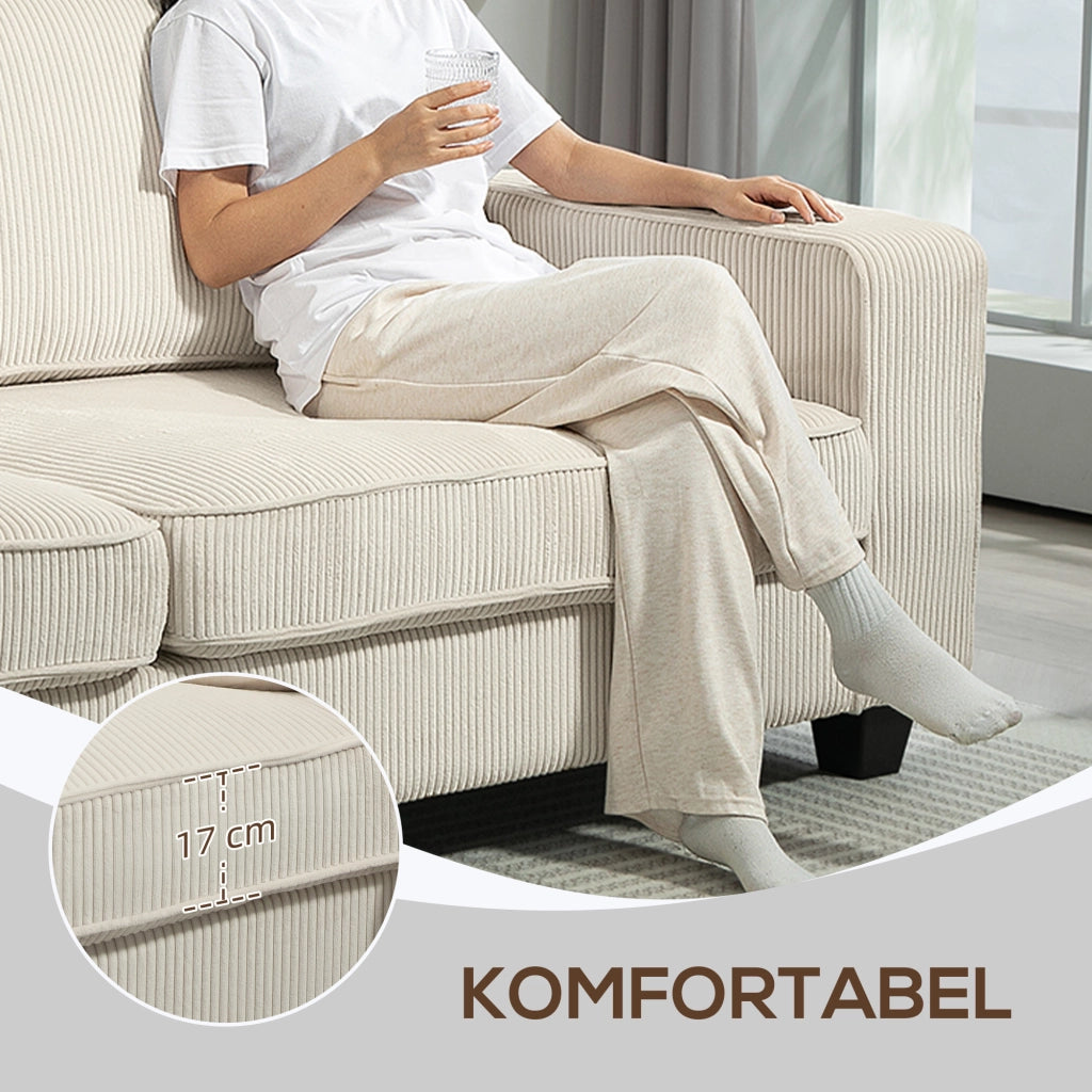 Divano dritto 3 posti con braccioli cuscini e seduta a molle in poliestere bianco crema 227 × 84 × 87 cm