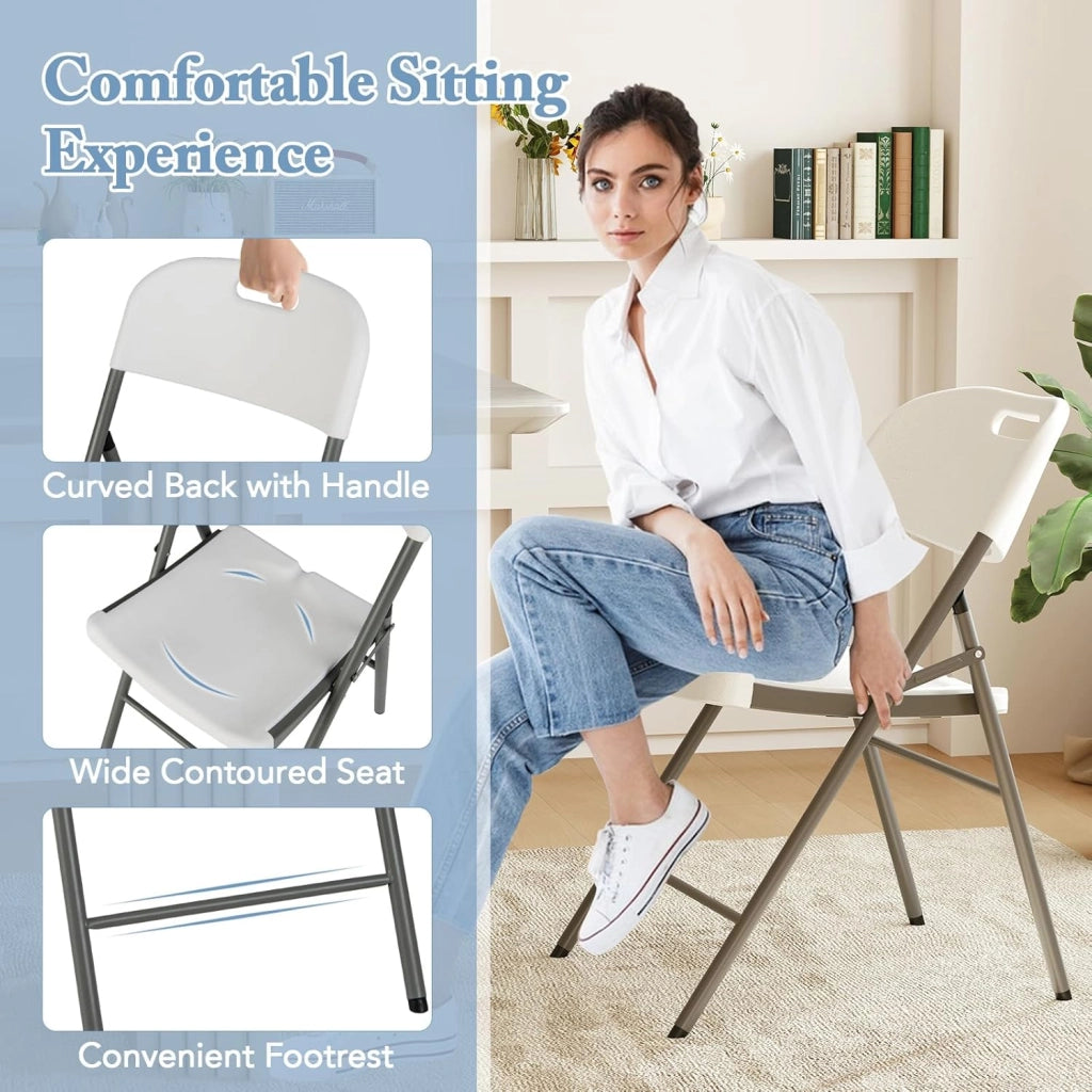 Set di 4 sedie pieghevoli in plastica, sedile in HDPE impermeabile e struttura in metallo, schienale con manico, sedie portatili per matrimonio, conferenza (bianco)
