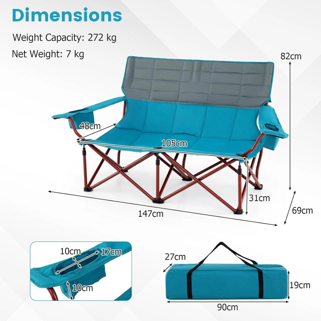 Sedia da campeggio pieghevole a 3 posti, con braccioli regolabili, portabicchieri e borsa per il trasporto, sedia da campeggio per esterni, giardino e balcone, portata fino a 408 kg (blu +
