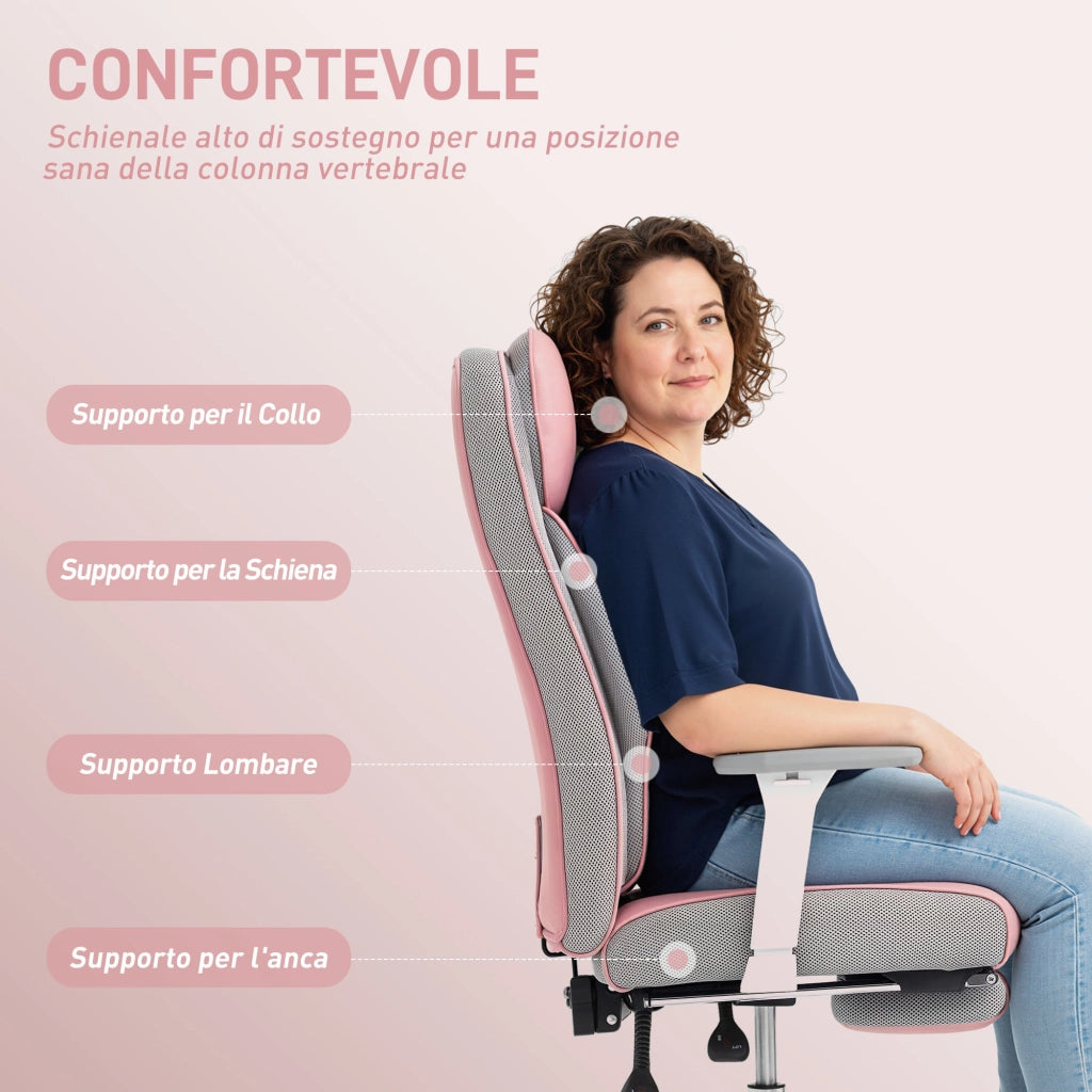Sedia da Ufficio Ergonomica Rinforzata con Braccioli Regolabili, Poggiapiedi e Poggiatesta, Rosa